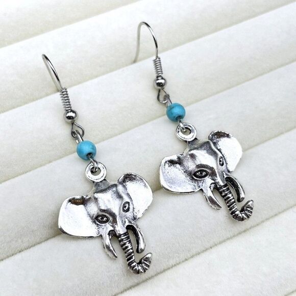 Silver Lucky Elephant and Blue Turquoise Beaded Boho Dangling Drop Hook Earrings - Picture 6 of 8